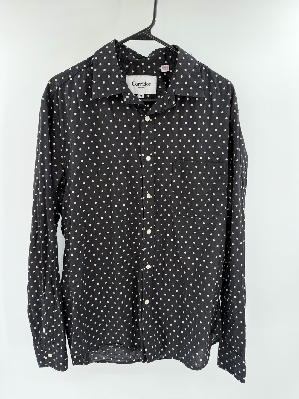 Corridor New York 100% cotton Made in USA Black Cream Polka Dot Button down Med